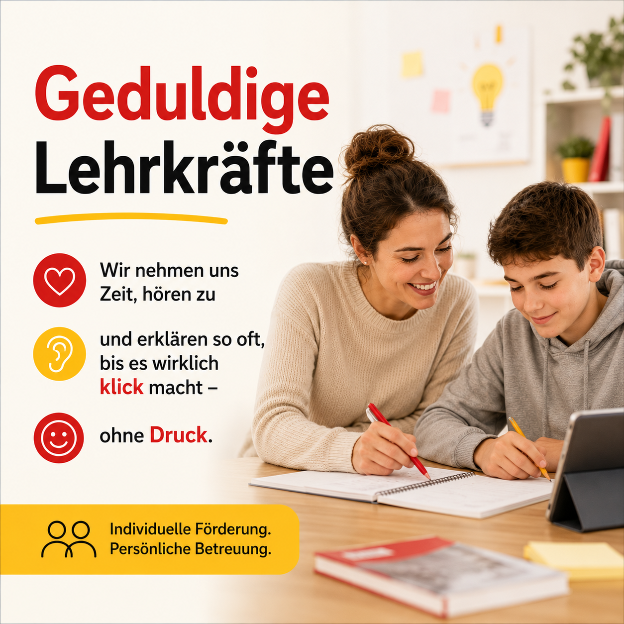 Geduldige Lehrkräfte – wir erklären so oft, bis es klick macht.
